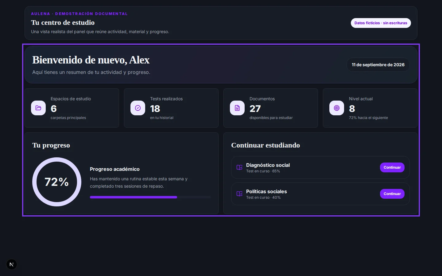 Pantalla real de Inicio de Aulena con el resumen de estudio de la cuenta demo.